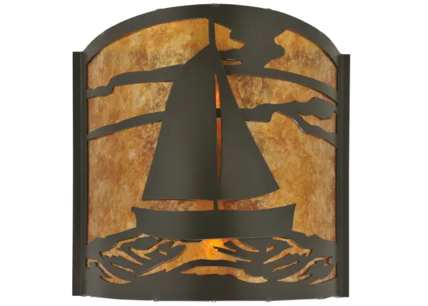 May the wind be always at your back as this boat sails windward out on the sea and is captured beautifully in this charming wall sconce design. Soft ambient light shines through Amber Mica, which is complemented with a frame, decorative accents and hardware featured in a Timeless Bronze finish. The Sailboat Wall Sconce is featured in our American made, American designed Nautical Lighting Collection. Manufactured in Yorkville, New York. UL and cUL listed for dry and damp locations. Collection: Sailboat Finish: Timeless Bronze Glass: Amber Mica Notes: Custom Crafted In Yorkville, New York Please Allow 30 Days Width: 11.50" Height: 12.00" Length: 4.00" Weight: 3.00 lb Extension from Wall: 4.00" Number of Bulbs: 2 Maximum Wattage: 60.00 W Bulb Type: A19 Bulb Base: E26 Material: Steel Country of Origin: USA Safety Listing: Damp Safety Rating: Damp