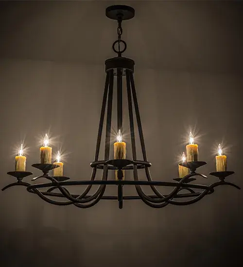 Add graceful detail and beautiful ambient illumination to any interior decor with this well balanced Octavia lighting design. 8 Amber faux candlelights are perched on bobeches, which are embraced by an exquisite curved frame with a Chestnut finish. Custom crafted in our manufacturing facility in the USA, this chandelier is perfect for creating a welcoming environment in any space. Choose a custom color, style, size or lamping option to individualize the look that you need. This 48-inch fixture is UL and cUL listed for damp and dry locations. Collection: Octavia Finish: Chestnut Glass: Ivory Width: 38.00" Height: 40.00" Length: 48.00" Weight: 36.00 lb Extension from Wall: 4.25" Number of Bulbs: 8 Maximum Wattage: 60.00 W Bulb Type: BA9 Bulb Base: E12 Material: Steel Country of Origin: USA Safety Listing: Damp Safety Rating: Damp