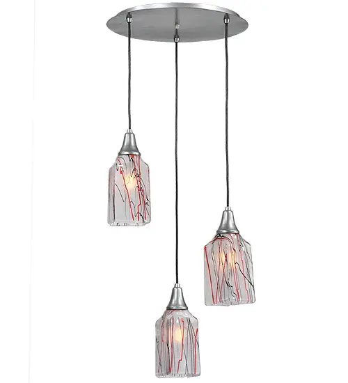 A sweet design with a mouth-watering fused glass lighting effect; the Licorice mini pendant has a cool look created from hot; high-fired glass and is designed to fall into a draped art glass shape. Licorice Black and Red streaks are highlighted against a Clear Glass Background. The three fused glass shades are complemented with Brass hardware featured in a Nickel finish. This pendant is perfect for illuminating open or spiral staircases; entryways; and other rooms in fine homes and hotels from Shelter Island; New York; to Columbus; Ohio; to Palm Springs; California. The Metro Fusion Licorice Cascading is included in our American-made; American-designed; handcrafted Fused Glass Collection; which is manufactured in Yorkville; New York. UL and cUL listed for dry and damp locations. Each shade is a unique work of art with color variations based on natural ingredients inherent in the glass. The Quality Bent Glass division of Meyda Lighting is over 100 years in the making. Today; we are still creating timeless masterpieces using tools and methods from the days when we supplied Tiffany Studios. Fused glass colors and metal finishes are customizable; as each fixture is handcrafted to order. - alternate view