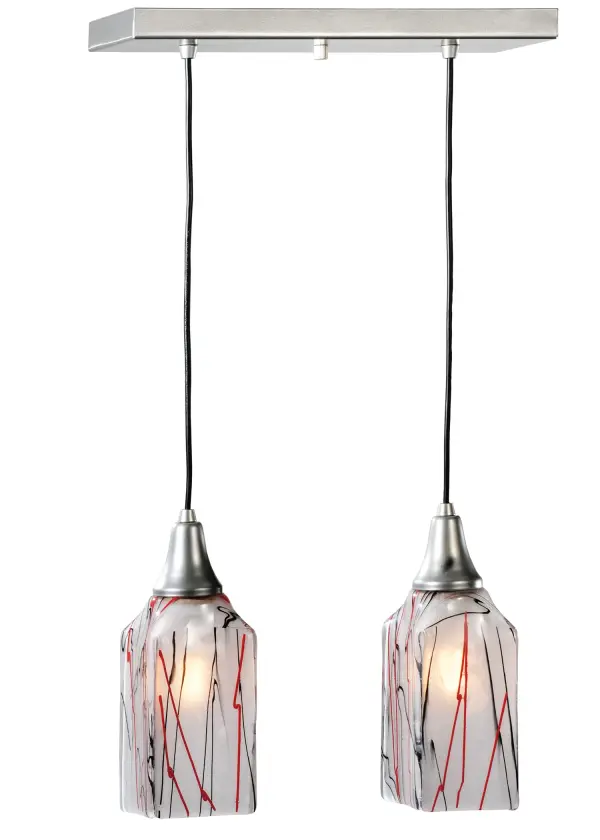 A sweet design with a mouth-watering fused glass lighting effect; the Licorice Island Pendant has a cool look created from hot; high-fired fused glass that is designed to fall into a draped art glass shape. Licorice Black and Red Streaks are highlighted against a Clear Glass background. The art glass shade is complemented with Nickel Finished hardware. This pendant can be placed above bars; counters; tables; and islands in fine homes and hotels from Shelter Island; New York; to Columbus; Ohio; to Palm Springs; California. The overall height ranges from 13 to 72 inches as the Black cord can be adjusted in the field. The Metro Fusion Licorice Draped 2 Light Island Pendant is included in our American-made; American-designed; handcrafted Fused Glass Collection; which is manufactured in Yorkville; New York. UL and cUL listed for dry and damp locations. Each shade is a unique work of art with color variations based on natural ingredients inherent in the glass. The Quality Bent Glass division of Meyda Lighting is over 100 years in the making. Today; we are still creating timeless masterpieces using tools and methods from the days when we supplied Tiffany Studios. Fused glass colors and metal finishes are customizable; as each fixture is handcrafted to order.