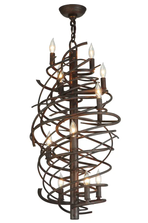 The bold; eye-catching Cyclone simulates whirling winds of energy and gyration with twisting steel that is accentuated with 13 delicately placed beacons to help you weather the storm. The winding mass of steel surrounds a sturdy post; all featured in our Cajun Spice finish. Make an impressive design statement that will wow guests in lobbies; conference rooms; entryways and other residential and commercial spaces. The fixture is handcrafted by master artisans in our Upstate New York manufacturing facility. Custom designs; styles; sizes and dimmable energy efficient lamping such as LEDs are available. This chandelier is UL and cUL listed for damp and dry locations.