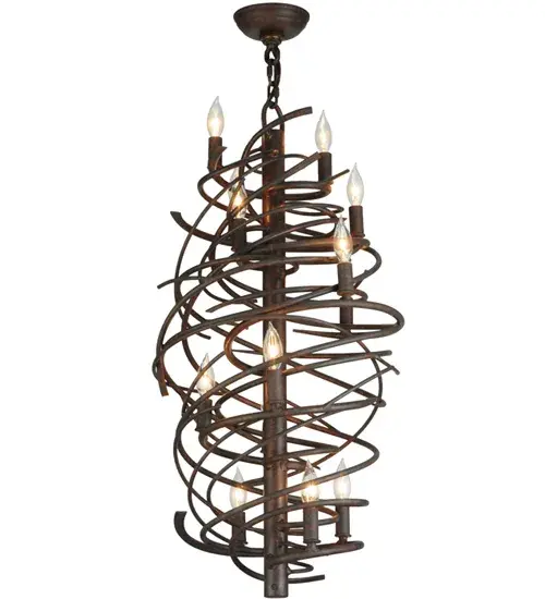 The bold; eye-catching Cyclone simulates whirling winds of energy and gyration with twisting steel that is accentuated with 13 delicately placed beacons to help you weather the storm. The winding mass of steel surrounds a sturdy post; all featured in our Cajun Spice finish. Make an impressive design statement that will wow guests in lobbies; conference rooms; entryways and other residential and commercial spaces. The fixture is handcrafted by master artisans in our Upstate New York manufacturing facility. Custom designs; styles; sizes and dimmable energy efficient lamping such as LEDs are available. This chandelier is UL and cUL listed for damp and dry locations. - alternate view
