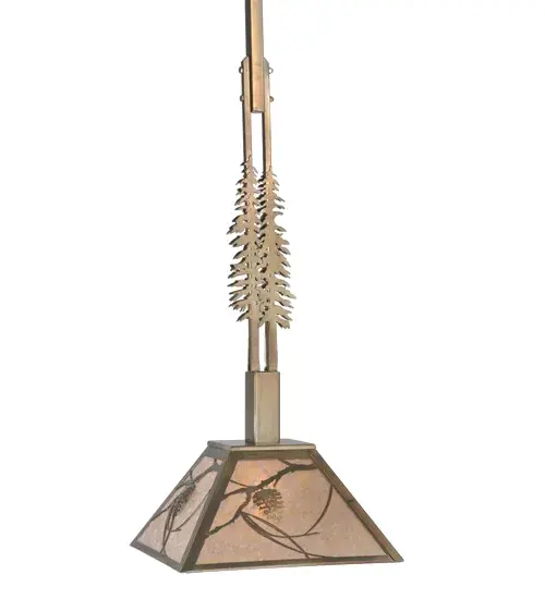 Delicate Pinecones and Pine Needles adorn a stunning Silver Mica Shade; while Pine Tree metal silhouettes accent the suspension rods of this lovely pendant. The pendant is enhanced with an Antique Copper finish. The suspension rod enables mounting on sloped ceilings and can be adjusted in the factory. Ideal for illuminating dining tables; kitchen islands; counters; and bars to make a dramatic design statement in timber frame homes and other residential and hospitality settings. The Tall Pines Mountain Pine Pendant is included in our American-made; American-designed; handcrafted Nature Inspired Lighting Collection. Manufactured in Yorkville; New York. UL and cUL listed for dry and damp locations. - alternate view