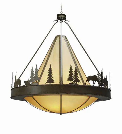 Bring the Great Outdoors indoors with charming Bears, Pine Trees and Elks silhouettes displayed around the perimeter of this breathtaking pendant. The stunning Creme Carrare Idalight diffuser is complemented with decorative accents, frame and hardware in a matching Coffee Bean finish. Handcrafted in the USA by highly skilled artisans at the foothills of the Adirondack Mountains in Upstate New York. Energy efficient lamping options such as LED are available. This 48-inch wide pendant is UL listed for damp locations. Collection: Verado Finish: Capri Glass: Amber Quartz Idalight Width: 48.00" Height: 54.00" Length: 48.00" Weight: 168.00 lb Number of Bulbs: 8 Maximum Wattage: 40.00 W Bulb Type: A19 Bulb Base: E26 Country of Origin: USA Safety Listing: Dry Safety Rating: Damp