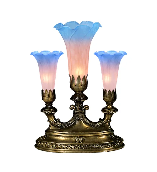 13" High Pink/Blue Tiffany Pond Lily 3 LT Mantelabra Accent Lamp