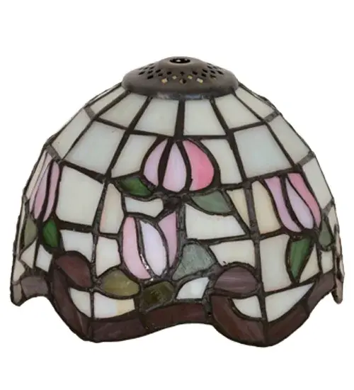 Grace your home with this elegant Roseborder shade. This exquisite shade features a gridwork of Beige art glass adorned with a Plum Waterglass border of swirling ribbons and perfect Pink Rosebuds with Green Leaf accents. The lovely shade can be paired with a base to create a stunning table lamp or matched with hardware to create a beautiful ceiling fixture. The art glass shade is made of hand cut glass using the famous Meyda Tiffany copperfoil construction process to withstand the test of time as an heirloom quality piece in a residential or commercial location. Each shade is a unique work of art with color variations based on natural ingredients inherent in the glass. Contact us if color matching is critical when ordering multiple items. - alternate view