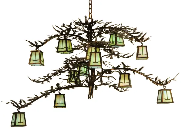 Invite the natural charm of the American woodlands into your camp; lodge; home or business with this rustic chandelier. 12 Beige Iridescent glass lanterns offered in a stunning Arts & Crafts design adorn Pine Branch shaped arms which are accented with Pine Needles. This stunning elaborate chandelier is enhanced with an Antique Copper finish. Overall height ranges from 38 to 132 inches as the chain can easily be adjusted in the field. Made to Order in our 180;000 sq ft US manufacturing facility in Yorkville; NY at the foothills of the Adirondack Mountains in the US. Customize lantern colors; metal finish and fixture sizes. UL and cUL listed for dry and damp locations.