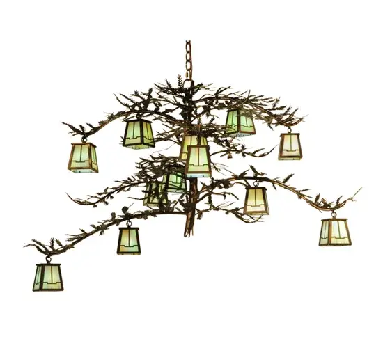 Invite the natural charm of the American woodlands into your camp; lodge; home or business with this rustic chandelier. 12 Beige Iridescent glass lanterns offered in a stunning Arts & Crafts design adorn Pine Branch shaped arms which are accented with Pine Needles. This stunning elaborate chandelier is enhanced with an Antique Copper finish. Overall height ranges from 38 to 132 inches as the chain can easily be adjusted in the field. Made to Order in our 180;000 sq ft US manufacturing facility in Yorkville; NY at the foothills of the Adirondack Mountains in the US. Customize lantern colors; metal finish and fixture sizes. UL and cUL listed for dry and damp locations. - alternate view