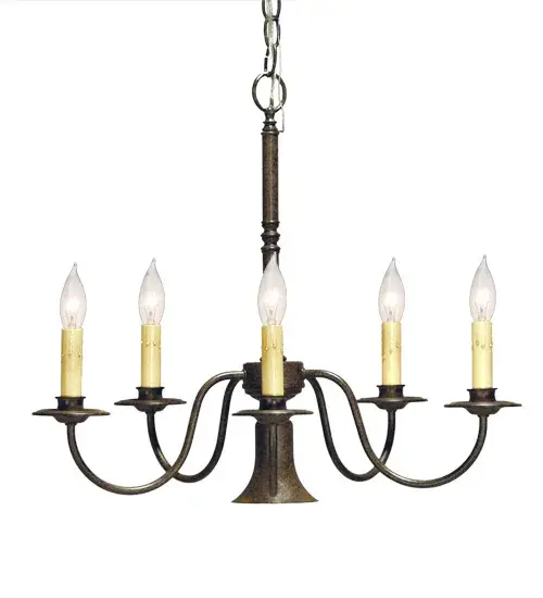 Graceful elegance is captured beautifully with Eden. This sophisticated chandelier is adorned with 5 Ivory faux candlelights with Customer supplied Candelabra lamps for beautiful ambient illumination which is complemented with a Customer supplied Downlight for functional lighting. The curved arms and hardware are featured in a warm Chestnut finish. Handcrafted in the USA, custom options include made-to-order sizes, finishes and designs. Dimmable energy efficient lamping options such as LED are available. The 22-inch wide chandelier is UL and cUL listed for dry and damp locations. Collection: Eden Finish: Chestnut Width: 22.00" Height: 28.00" Length: 22.00" Weight: 11.00 lb Extension from Wall: 14.00" Number of Bulbs: 5 Maximum Wattage: 40.00 W Bulb Type: BA9 Bulb Base: E12 Material: Steel Country of Origin: USA Safety Listing: Dry Safety Rating: Damp