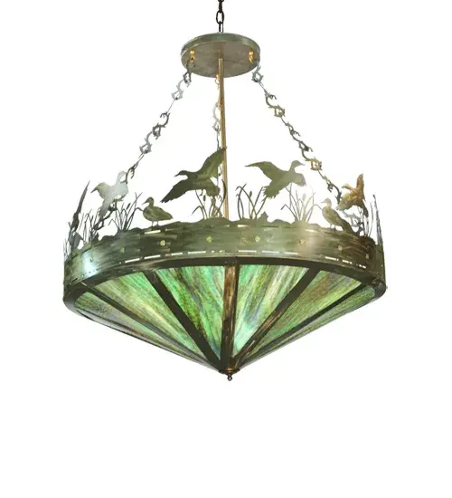 A flock of Ducks in and above cattails and marsh grasses top this wildlife inspired original pendant handcrafted in the USA by Meyda artisans. Suspended from hand crafted branch like chain links the bullet accented band and Ducks top Marsh Grass above Greenish Brown art glass panels. This fixture is finished in Antique Copper. - alternate view