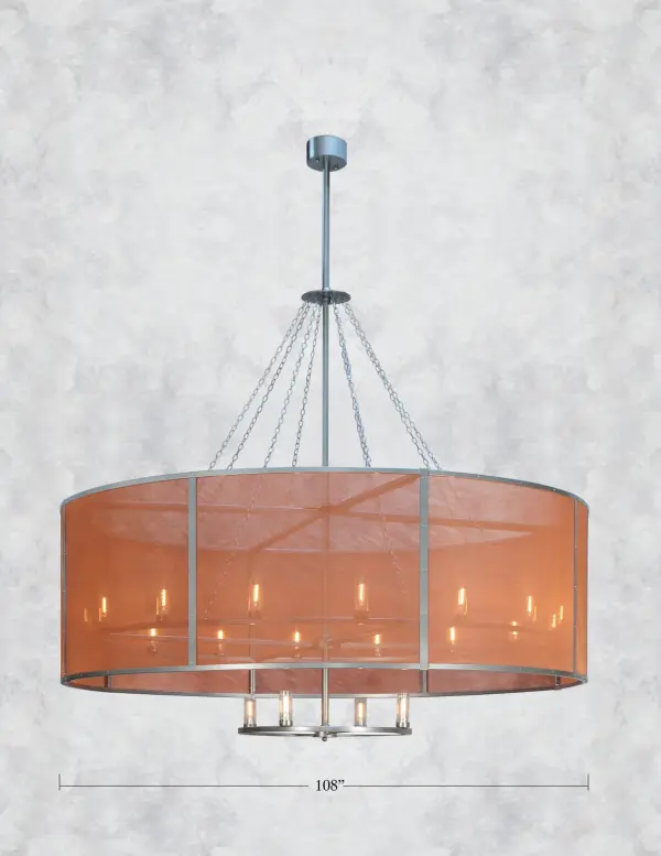 Discover a unique decorative look lighting design. A curvaceous Copper colored Weave-Tex diffuser reveals 20 Complementary Faux Candlelights from within. Cilindro Rame offers solid hardware and a frame featured in a Nickel finish. This distinctive openwork design is ideal for residential, hospitality, or commercial settings. The massive chandelier is suitable for illuminating entryways, ballrooms, and lobbies in hospitality and commercial locations. Inspired by chandeliers in hotels, reception halls, mansions and other areas from Hilton Head Island, South Carolina, to West Palm Beach, Florida, to Dallas, Texas. The Cilindro Rame Chandelier is included in our American-made, American-designed, handcrafted Transitional Lighting Collection and manufactured in Yorkville, New York. UL and cUL listed for dry and damp locations. Collection: Cilindro Finish: Nickel Glass: Copper Weave Tex Width: 108.00" Height: 125.00" Length: 108.00" Weight: 280.00 lb Extension from Wall: 11.00" Number of Bulbs: 20 Maximum Wattage: 40.00 W Bulb Type: T10 Bulb Base: E26 Material: Steel Country of Origin: USA Safety Listing: Dry Safety Rating: Dry