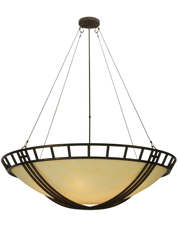 A metallic hammock-inspired frame cradles an inverted Provostone Idalight bowl shaped diffuser which is trimmed with a geometric border. The decorative frame; accents and hardware are featured in a Coffee Rust finish while the shade is embraced by unobtrusive aircraft cables. The 5-foot wide pendant is handmade by highly skilled artisans in our manufacturing facility in Yorkville; NY. This fixture is offered in custom sizes; styles and finishes. Dimmable energy efficient lamping options such as LED are available. UL and cUL listed for dry and damp locations.