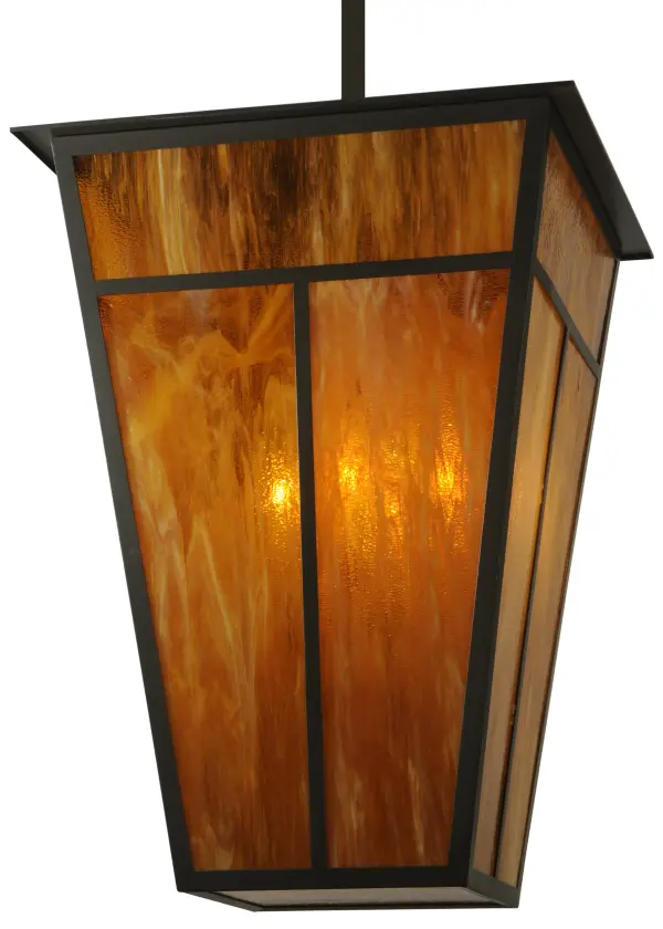 Inspired by the Arts and Crafts movement; this statuesque pendant features a Honey Art Glass Shade with a striking Mission straight line design. The bold diffuser is complemented with hardware; frame and decorative accents highlighted in a Timeless Bronze finish. Perfect for illuminating any room in a commercial or residential setting; the fixture is handcrafted by highly skilled artisans in the Yorkville; NY manufacturing facilities. Custom sizes; styles; colors and dimmable energy efficient lamping options are available. The 36-inch pendant is UL and cUL listed for damp and dry locations.