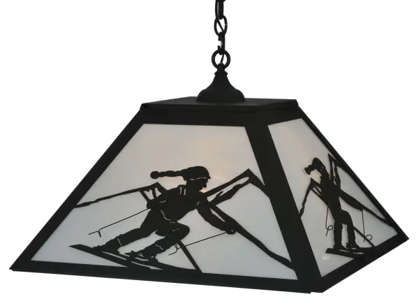 A winter skier slaloms down the slopes on fresh; bright winter powder during this epic skiing event.Warm ambient lighting is diffused beautifully through this lens crafted of Snowy White glass panels.The frame and hardware are finished in Black. Handcrafted in the Meyda manufacturing facility; located at the foothills of the Adirondack Mountains; not far from Lake Placid; home of the 1980 Winter Olympics.Custom designs available; as well as energy efficient lamping options.