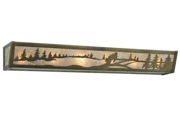 A winter Snowboarder tackles the slopes during an epic winter event as beautiful ambient lighting is diffused through stunning Silver Mica. The shade is enhanced with decorative accents, frame, and hardware featured in an Antique Copper finish. The fixture is perfect as a vanity light in a bath or as a wall sconce in a corridor or another room whether it is located in a lodge, resort, retailer, home or camp. Handcrafted in our 180,000 square foot manufacturing facility, located in the foothills of the Adirondack Mountains. The facility is not far from Lake Placid, home of the 1932 and 1980 Winter Olympics. Custom sizes, colors, styles and dimmable lamping options are available. UL and cUL listed for damp and dry locations. Collection: Snowborder Finish: Antique Copper Glass: Silver Mica Notes: Custom Crafted In Yorkville, New York Please Allow 30 Days Width: 36.00" Height: 4.50" Length: 5.50" Weight: 8.00 lb Extension from Wall: 5.50" Number of Bulbs: 6 Maximum Wattage: 60.00 W Bulb Type: A19 Bulb Base: E26 Material: Steel Country of Origin: USA Safety Listing: Damp Safety Rating: Damp