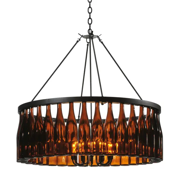 Capture the life of the party with the whimsical design of the Meyda Wine Bottle Chandelier. So much fun that you may want to hang from it; but don't! Liven up a restaurant; club; or home with a chandelier that does so much more than deliver light; it adds personality and pizzazz. 36 Amber wine bottles are embraced by a solid metal ring in a Textured Black finish. Perfect for illuminating tables in dining areas and other spaces in homes; restaurants; hotels; pubs; nightclubs; wineries; and retailers; this pendant will be appreciated for its fine detail and charm by connoisseurs from Washingtonville; New York; to Bluemont; Virginia; to Napa Valley; California. The overall height ranges from 39 to 100 inches; as the chain can be easily adjusted to meet your exact lighting requirements. This rich-looking Tuscan Vineyard Estate 36 Wine Bottle Chandelier is included in our American-made; American-designed; handcrafted Wine Bottle Lighting Collection. The fixture is manufactured in Yorkville; New York. UL and cUL listed for dry and damp locations. Take your finest bottle of wine; and Meyda will transform it into an everlasting personalized fixture of light. Contact us for more information on custom wine bottle lighting fixtures and lamps. You can also create custom lighting with beer bottles; mason jars; milk bottles; and other glass containers and vessels by contacting us!