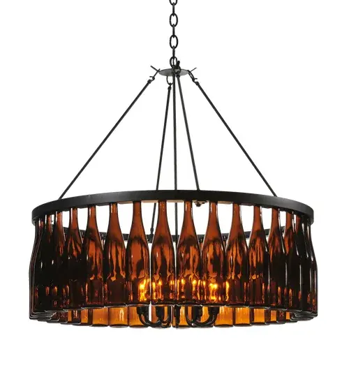 Capture the life of the party with the whimsical design of the Meyda Wine Bottle Chandelier. So much fun that you may want to hang from it; but don't! Liven up a restaurant; club; or home with a chandelier that does so much more than deliver light; it adds personality and pizzazz. 36 Amber wine bottles are embraced by a solid metal ring in a Textured Black finish. Perfect for illuminating tables in dining areas and other spaces in homes; restaurants; hotels; pubs; nightclubs; wineries; and retailers; this pendant will be appreciated for its fine detail and charm by connoisseurs from Washingtonville; New York; to Bluemont; Virginia; to Napa Valley; California. The overall height ranges from 39 to 100 inches; as the chain can be easily adjusted to meet your exact lighting requirements. This rich-looking Tuscan Vineyard Estate 36 Wine Bottle Chandelier is included in our American-made; American-designed; handcrafted Wine Bottle Lighting Collection. The fixture is manufactured in Yorkville; New York. UL and cUL listed for dry and damp locations. Take your finest bottle of wine; and Meyda will transform it into an everlasting personalized fixture of light. Contact us for more information on custom wine bottle lighting fixtures and lamps. You can also create custom lighting with beer bottles; mason jars; milk bottles; and other glass containers and vessels by contacting us! - alternate view