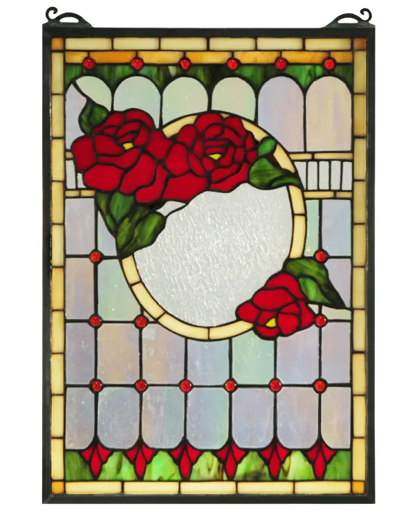 Giant Scarlet Roses; accompanied by Green Leaves; outline a Clear Ripple glass porthole design with a charming country picket fence outlined with Bone Beige brickwork and Russet Red glass jewels on a background of Clear Iridescent glass. This stunning window is created using Meyda Tiffany's famous copperfoil construction process and framed in Black. Hanging chains are included.