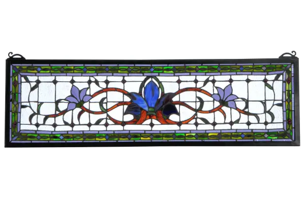 Herald in a touch of class to your home with this stylized floral stained glass window that features beautiful vivid colors in a simplistic design. At the focal point of this window is a cobalt flower flanked by violet flowers on each side. mahogany stems and green leaves wed the floral design on a clear back ground accented with plum jewels. A green chain link design accented with blue diamonds and plum jewels is surrounded by violet to complete the design. This stunning window is created using Meyda Tiffany?s famous copper foil construction process and attached to a Black frame. This transom window can be used above a door or placed as a pair on both sides of a door, especially in entryways. Brackets and hanging chains are included. Collection: Fairytale Finish: Rust Glass: Zag Pb Prc Xag 59 59W Prc Purple Width: 33.00" Height: 10.00" Length: 33.00" Weight: 5.50 lb Number of Bulbs: 13 Bulb Type: BA9 Bulb Base: E12 Material: Metal Or Polyresin Country of Origin: CHINA Safety Listing: Dry Safety Rating: Dry