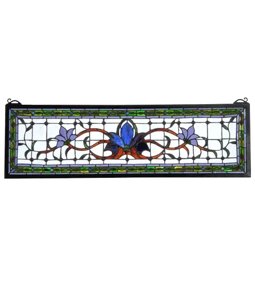 Herald in a touch of class to your home with this stylized floral stained glass window that features beautiful vivid colors in a simplistic design. At the focal point of this window is a cobalt flower flanked by violet flowers on each side. mahogany stems and green leaves wed the floral design on a clear back ground accented with plum jewels. A green chain link design accented with blue diamonds and plum jewels is surrounded by violet to complete the design. This stunning window is created using Meyda Tiffany?s famous copper foil construction process and attached to a Black frame. This transom window can be used above a door or placed as a pair on both sides of a door, especially in entryways. Brackets and hanging chains are included. Collection: Fairytale Finish: Rust Glass: Zag Pb Prc Xag 59 59W Prc Purple Width: 33.00" Height: 10.00" Length: 33.00" Weight: 5.50 lb Number of Bulbs: 13 Bulb Type: BA9 Bulb Base: E12 Material: Metal Or Polyresin Country of Origin: CHINA Safety Listing: Dry Safety Rating: Dry - alternate view