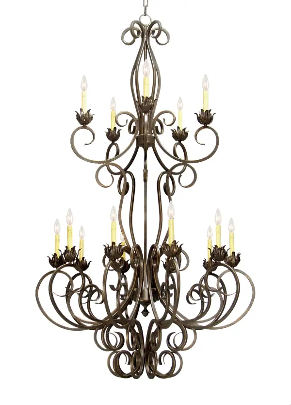 Designed as an elegant lighting centerpiece for any room in a residence; hotel or commercial space. The grandiose Alexis chandelier features 15 Ivory faux candlelights that are perched on floral styled bobeches and embraced by a charming symphony of scrolled arms. This lovely fixture features luxurious hardware; frame and decorative accents in a Gilded Tobacco finish. Superior hand detailed American craftsmanship is perfected by years of time honored artistry; passed down from generations of highly skilled artisans. This magnificent; two-tiered chandelier is available in custom sizes; styles; colors and dimmable energy efficient lamping options such as LED. The 42-inch wide fixture is UL and cUL listed for dry and damp locations