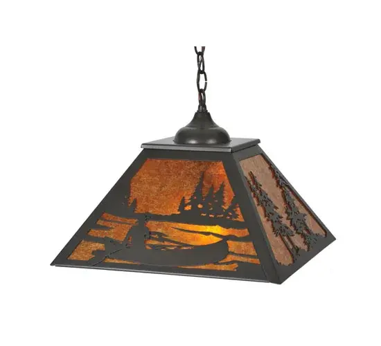 An eye-catching serene design that depicts a sportsman paddling his canoe down a gentle mountain stream. The ceiling pendant features an Amber Mica shade enhanced with a frame and decorative accents in a stunning Timeless Bronze finish. The ceiling pendant is ideal for beautiful ambient illumination above a table or island in your home, lodge, restaurant, or business. The Canoe at Lake Pendant is included in our American-made, American-designed, handcrafted Sporting Life Collection. Manufactured in Yorkville, New York. UL and cUL listed for dry and damp locations. Collection: Canoe At Lake Finish: Timeless Bronze Glass: Amber Mica Notes: Custom Crafted In Yorkville, New York Please Allow 30 Days Width: 22.00" Height: 14.50" Length: 15.75" Weight: 9.00 lb Number of Bulbs: 2 Maximum Wattage: 60.00 W Bulb Type: A19 Bulb Base: E26 Material: Steel Country of Origin: USA Safety Listing: Damp Safety Rating: Damp - alternate view