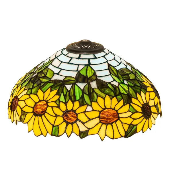 A field of sparkling Country Brown eyed; Farm Yellow sunflowers growing on stalks of summer Bronzed Green leaves and edge this White brickwork patterned shade. Bring nature into your home with this stained glass shade which was created using the famous Meyda Tiffany copperfoil construction technique. Pair it with a base to create a stunning table or floor lamp; or use hardware to build a stunning ceiling fixture. The Wild Sunflower Shade is featured in our American designed; handcrafted Stained Glass Lighting Collection. Each shade is a unique work of art with color variations based on natural ingredients inherent in the glass. Contact us if color matching is critical when ordering multiple items.