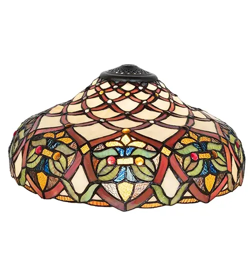 A luxurious Art Nouveau stained glass shade is highlighted with Sunburst jewels that accent Sunset Orange; Amber; Leafy Green; and Blue/Green patterns; with borders featuring swirled Blue/Green/Purple colored pieces of glass. The stained glass shade is handcrafted using Meyda Tiffany's world-famous copperfoil construction process. This magnificent Tiffany-styled art glass shade is inspired by antique lighting from West Hollywood; Florida; to West Hollywood; California. The shade can be used for illuminating tables; credenzas; and desks in homes; banks; and restaurants. The Franco Shade is included in our American-designed; handcrafted Tiffany Stained Glass Collection. Each shade is a unique work of art with color variations based on natural ingredients inherent in the glass. - alternate view