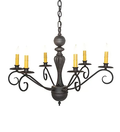 A unique blend of elegant illuminance and shapely hardware; Emory lights up the room beautifully with 6 Ivory faux candelights perched on bobeches. Exquisite hardware includes delicate scrollwork and finials in a warm Chestnut finish. Handcrafted in Yorkville; NY; our chandelier is available in custom designs; finishes and sizes. Dimmable energy efficient lamps such as LEDs are available. The 28-inch wide fixture is UL and cUL listed for dry and damp locations. - alternate view
