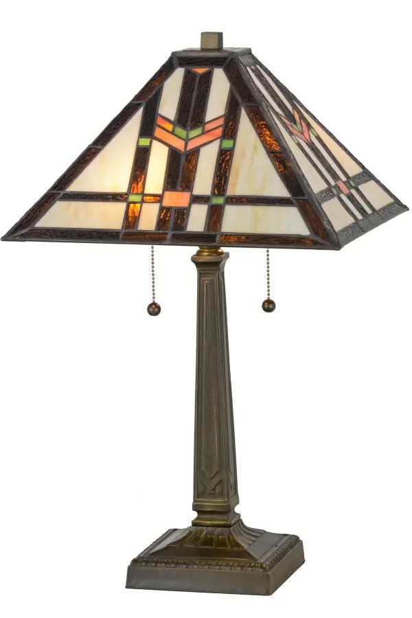 In the tradition of the Prairie School; organic objects were interpreted into geometric forms. In this table lamp; Meyda Tiffany uses colorful interlocking blocks of Willow Green; Sunrise Amber and Bark Brown granite glass to form stylized wheat stalks on a Beige Cream background. The handcrafted stained glass shade is perched on a Mahogany Bronze lamp base.
