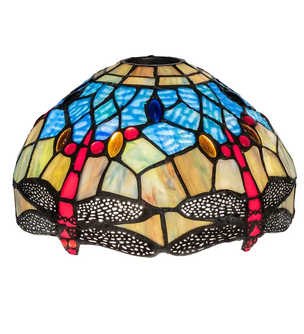 Red dragonflies with glowing Red jeweled eyes and Clear filigree wings dive over a Green and Orange background; crowned with Sky Blue art glass. The stunning shade is accented with Red; Blue and Amber glass jewels. This art glass shade is created using the famous Meyda Tiffany copperfoil construction technique. Pair with a base to create a charming lamp. Match with hardware to build a beautiful ceiling or wall fixture. The Tiffany Hanginghead Dragonfly Shade is featured in our American designed; handcrafted Tiffany Reproduction Stained Glass Lighting Collection. Each shade is a unique work of art with color variations based on natural ingredients inherent in the glass. Contact us if color matching is critical when ordering multiple items.