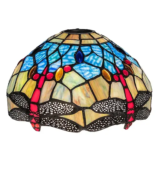 Red dragonflies with glowing Red jeweled eyes and Clear filigree wings dive over a Green and Orange background; crowned with Sky Blue art glass. The stunning shade is accented with Red; Blue and Amber glass jewels. This art glass shade is created using the famous Meyda Tiffany copperfoil construction technique. Pair with a base to create a charming lamp. Match with hardware to build a beautiful ceiling or wall fixture. The Tiffany Hanginghead Dragonfly Shade is featured in our American designed; handcrafted Tiffany Reproduction Stained Glass Lighting Collection. Each shade is a unique work of art with color variations based on natural ingredients inherent in the glass. Contact us if color matching is critical when ordering multiple items. - alternate view
