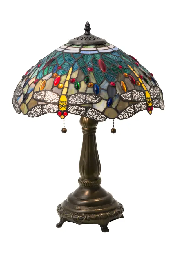 Inspired by Tiffany Studio's most beloved stained glass Dragonfly design; this table lamp is modeled after the original design. Diving Amber dragonflies; designed with glowing Scarlet jeweled eyes and delicate metal filigree wings; circle over hand cut and copper foiled pieces of Amber Green; Multicolored and Forest Green art glass leaves accented with glistening jewels of Emerald; Topaz; Ruby and Sapphire colors. The shade is created using Meyda Tiffany's famous copperfoil construction and complemented with a decorative base finished in a warm hand applied Mahogany Bronze finish. The lamp; which is UL and cUL listed for dry locations; is available in custom colors; finishes and sizes. Dimmable energy efficient lamping options are available.