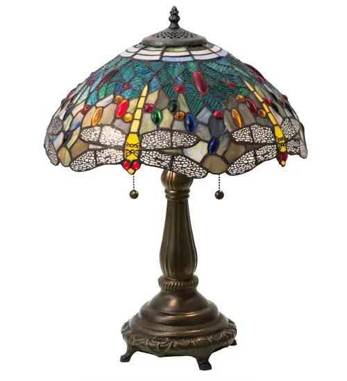 Inspired by Tiffany Studio's most beloved stained glass Dragonfly design; this table lamp is modeled after the original design. Diving Amber dragonflies; designed with glowing Scarlet jeweled eyes and delicate metal filigree wings; circle over hand cut and copper foiled pieces of Amber Green; Multicolored and Forest Green art glass leaves accented with glistening jewels of Emerald; Topaz; Ruby and Sapphire colors. The shade is created using Meyda Tiffany's famous copperfoil construction and complemented with a decorative base finished in a warm hand applied Mahogany Bronze finish. The lamp; which is UL and cUL listed for dry locations; is available in custom colors; finishes and sizes. Dimmable energy efficient lamping options are available. - alternate view