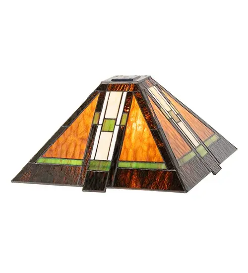 Offering a unique and handsome style; the Parquet Mission design uses colorful geometric elements of Honey; Woodsy Green; and Bark Brown on a multi-designed motif of linear blocks. The handcrafted stained glass shade; which features a Mission design that interprets organic objects into geometric forms; is created using the famous Meyda Tiffany copperfoil construction technique. It pairs well with a base to create a table or floor lamp or matches with hardware to build a wall or ceiling fixture. The Parquet Mission Shade is included in our American-designed; handcrafted Mission Lighting Collection. - alternate view