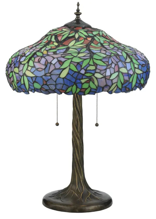 Cascading blossoms in hues of Plum and Blue glass with Spring Green leaves were favored subjects of the L. C. Tiffany Studio. This beautiful Laburnum stained glass shade with undulating border; is paired with a classic twisted tree base in an antique patina finish.