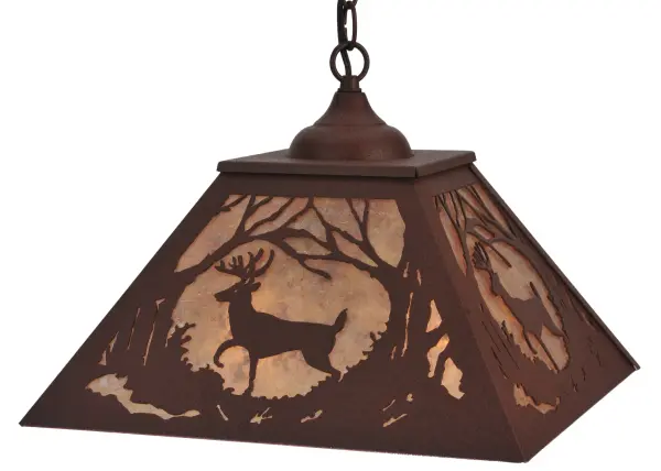 Rustic charm is captured beautifully with this striking pendant design of a Trophy Buck scampering through the woodlands as Tall Pine Trees stretch towards the sky. Brilliant ambient light shines through a stunning Silver Mica shade which is enhanced with decorative accents; frame and matching hardware featured in a Rust finish. This wildlife inspired pendant makes the ideal centerpiece for nearly any room. Overall height ranges from 16 to 43 inches as the chain can be adjusted in the field. The Deer at Dawn Pendant is featured in our American made; American designed handcrafted Wildlife Lighting Collection. Manufactured in Yorkville; New York. UL and cUL listed for dry and damp locations.