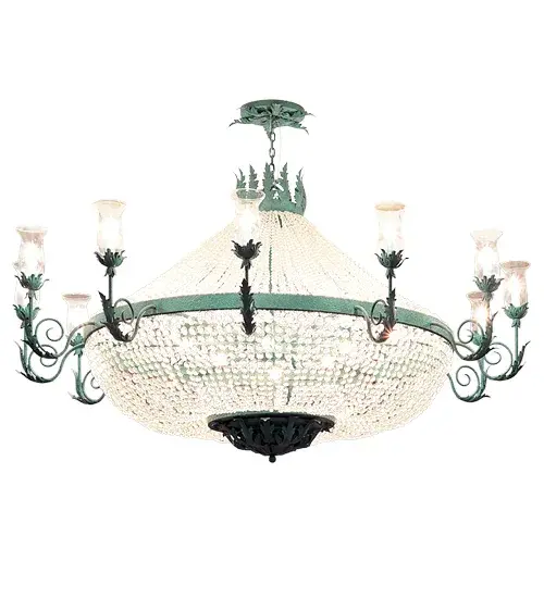 Exquisite grace and delicate beauty are blended to create the distinctive; elegant Crista Chandelier. A total of 30 Hurricane Clear Glass Shades revealing Ivory faux candlelights; each embraced by a floral bobeche; are adorned complemented with Acanthus leaf accents and scrolled arms in a Verdi Over Wrought Iron Finish. Multiple arrays of Clear Crystal beads drape across this chandelier. Perfect for a large entryway; lobby; banquet hall or conference room; this lovely chandelier is available in a variety of finishes; styles; and sizes; and with dimmable energy efficient lamping options such as LED. Custom crafted in the USA; this 7-foot wide chandelier is UL and cUL listed for damp and dry locations.
