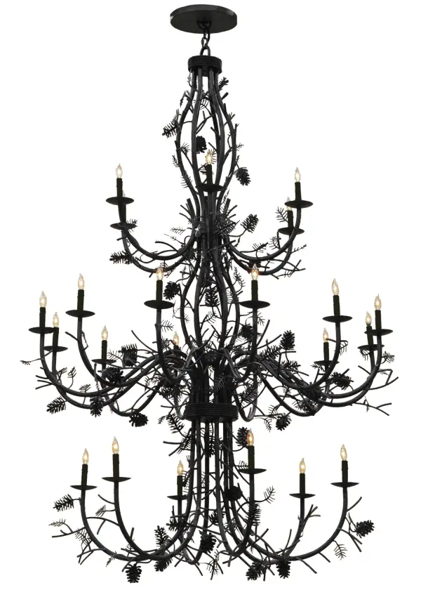 Inspired by the nearby Adirondack Mountains; the breathtaking Pinecone Chandelier features a cornucopia of Hand-forged metal Pinecones and Pine Needles that appear to grow from this Grand styled tree-like ceiling fixture. The 84-inch tall chandelier illuminates beautifully with 24 faux candlelights perched on bobeches. The decorative accents; frame and Candelabra covers are offered in a warm Chestnut finish. Handcrafted with meticulous attention to detail by highly skilled artisans in Upstate New York; this awe-inspiring fixture is offered in custom sizes; finishes and styles; as well as dimmable energy efficient lamping options such as LED. The elaborate chandelier is UL and cUL listed for dry and damp locations.