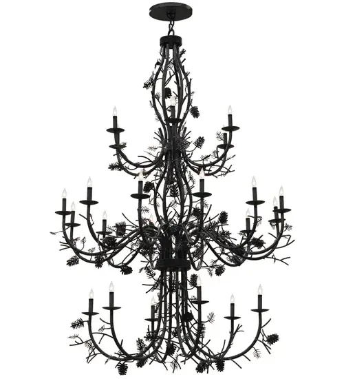 Inspired by the nearby Adirondack Mountains; the breathtaking Pinecone Chandelier features a cornucopia of Hand-forged metal Pinecones and Pine Needles that appear to grow from this Grand styled tree-like ceiling fixture. The 84-inch tall chandelier illuminates beautifully with 24 faux candlelights perched on bobeches. The decorative accents; frame and Candelabra covers are offered in a warm Chestnut finish. Handcrafted with meticulous attention to detail by highly skilled artisans in Upstate New York; this awe-inspiring fixture is offered in custom sizes; finishes and styles; as well as dimmable energy efficient lamping options such as LED. The elaborate chandelier is UL and cUL listed for dry and damp locations. - alternate view