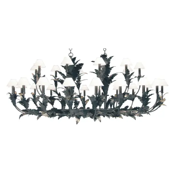 Like a tropical retreat in the West Indies, the luxurious Antigua Chandelier reflects a vivid flourish of metal banana leaves adorning complementary branch-like arms in its elaborate frame. Unparalleled peace and tranquility fill the air with sophisticated elegance evoked by this elegant centerpiece. Beautiful ambient illumination is delivered with 30 White Textrene buffet styled shades, crowning Medium base faux candlelights perched on bobeches that match the exquisite Gilded Tobacco finish of the Hand-forged Iron hardware and frame. Handmade in Yorkville, New York, this Grand fixture is offered in custom sizes, designs, finishes and dimmable energy efficient lamping. The 10-foot long chandelier is UL and cUL listed for dry and damp locations. Collection: Antigua Finish: Gilded Tobacco Glass: White Textrene Width: 84.00" Height: 60.00" Length: 120.00" Weight: 198.00 lb Number of Bulbs: 30 Maximum Wattage: 60.00 W Bulb Type: A19 Bulb Base: E26 Material: Steel Country of Origin: USA Safety Listing: Damp Safety Rating: Damp
