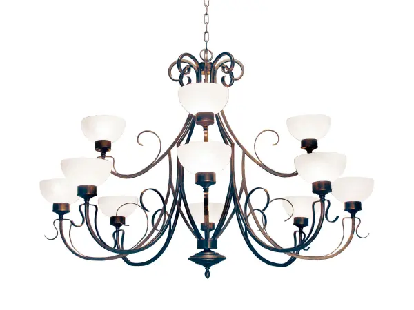 An elegant chandelier design comes to light with illuminating allure and gracious charm. 12 White Scavo Glass shades are perched on bobeches; which are embraced by a symphony of Hand-forged Iron Scrollwork in a stunning Gilded Tobacco finish. Handcrafted in our facility in Yorkville; New York; this lovely fixture is ideal for lobbies; foyers and other large spaces in hospitality; residential and commercial areas. Available in custom sizes; styles; colors and dimmable energy efficient lamping options such as LED. The Grand styled 5-foot wide chandelier is UL and cUL listed for dry and damp locations.