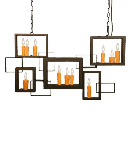 A virtuosic geometric composition of light and form, the Kai Chandelier deploys an impressive array of bold structures, each revealing one or three Ivory faux candlelights. Five smaller frames are embraced by the larger profiles, all featured in a stunning Blackwash finish. Handcrafted by highly skilled artisans in our manufacturing facility in Upstate New York, this transitional styled fixture is available in a wide range of custom choices including various designs, colors, sizes and dimmable energy efficient lamping options such as LED. The 48-inch long fixture is UL and cUL listed for damp and dry locations. Collection: Kai Finish: Blackwash Glass: Ruby,Sunflower,Green,Gold Width: 4.00" Height: 27.00" Length: 48.00" Weight: 36.00 lb Number of Bulbs: 11 Maximum Wattage: 25.00 W Bulb Type: B10 Bulb Base: E12 Material: Steel Country of Origin: USA Safety Listing: Dry Safety Rating: Damp