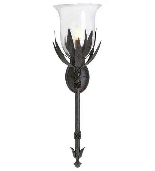 The glass component for this item may be discontinued. Please call us for current availability. A substitute glass can definately be found upon request. Collection: Solange Finish: Chestnut Glass: Clear Glass Width: 9.50" Height: 32.00" Length: 11.50" Weight: 6.00 lb Extension from Wall: 11.50" Number of Bulbs: 1 Maximum Wattage: 25.00 W Bulb Type: B10 Bulb Base: E12 Material: Steel Country of Origin: USA Safety Listing: Dry Safety Rating: Dry