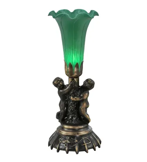 Inspired by the famous Tiffany design from the early 1900s. This mini lamp features a stunning Green art glass shade that is embraced by an elegant cast base featuring two cherubs finished by hand in Mahogany Bronze. The Pond Lily Mini Lamp is featured in our American designed; handcrafted Favrile Glass Lighting Collection. UL and cUL listed for dry locations. Each shade is a unique work of art with color variations based on natural ingredients inherent in the glass. Contact us if color matching is critical when ordering multiple items.