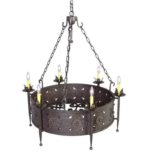 Bolster a dining room, foyer or any other room in your castle with the stunning Claudio Chandelier. This Gothic Revival styled fixture features quatrefoil designs with floral medallions which are complemented with floral ballpoint bobeches embracing six Amber faux candlelights. The frame, decorative accents and hardware are featured in a Cajun Spice finish. Custom sizes, styles and finishes are available, as well as dimmable energy efficient lamping options such as LED. The 38-inch wide fixture is UL and cUL listed for dry and damp locations. Collection: Claudio Finish: Cajun Spice Glass: Amber Width: 38.00" Height: 37.00" Length: 38.00" Weight: 33.00 lb Number of Bulbs: 6 Maximum Wattage: 60.00 W Bulb Type: BA9 Bulb Base: E12 Material: Steel Country of Origin: USA Safety Listing: Dry Safety Rating: Damp