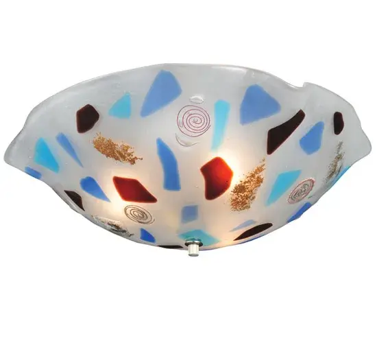 A celebration of beautiful light. The Atelier Festival ceiling fixture features vibrant colored pieces of art glass fused together. The art glass is high-fired to create a unique; organic shape. An elegant Wrinkle-styled shade results from high-fired art glass accents in Light Blue; Electra Blue; Gold Dust; and Cranberry on a White glass background. The ceiling fixture is the perfect centerpiece on the ceiling or wall of nearly any room. It is a true work of art. Ideal for homes; modern restaurants; and those that appreciate a work of beauty. Traditional workmanship; high-fire kilns; and original tools are used to fuse art glass in the old world tradition and inspired by modern homes from Westchester County; New York; to Highland Park; Chicago; Illinois; to Northern California. The Atelier Festival Flushmount is featured in our American-made; American-designed; handcrafted Fused Glass Lighting Collection. UL and cUL listed for dry and damp locations. Each shade is a unique work of art with color variations based on natural ingredients inherent in the glass. Please contact us if color matching is critical when ordering multiple items.
