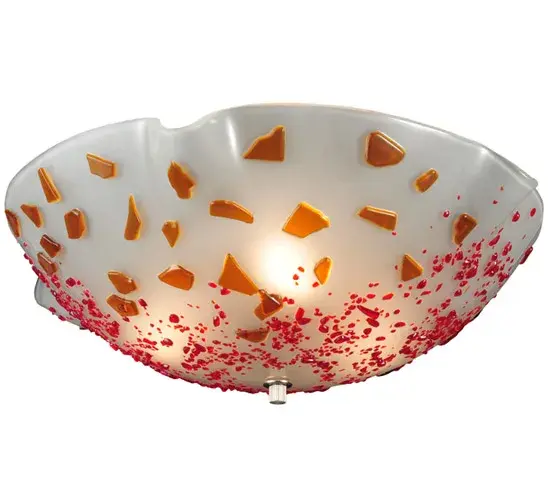 A celebration of beautiful light. The Atelier Festival ceiling fixture features vibrant colored pieces of art glass fused together. The art glass is high-fired to create a unique; organic shape. An elegant Wrinkle-styled shade results from high-fired art glass featuring decorative accents in Cherry and Amber on a White glass background. The ceiling fixture is the perfect centerpiece on the ceiling or wall of nearly any room. It is a true work of art. Traditional workmanship; high-fire kilns; and original tools are used to fuse art glass in the old-world tradition. Ideal for modern homes from Westchester County; New York; to Highland Park; Chicago; Illinois; to Northern California. The Atelier Festival Art Glass Flushmount is featured in our American-made; American-designed; handcrafted Fused Glass Lighting Collection. Each shade is a unique work of art with color variations based on natural ingredients inherent in the glass. Please let us know if color matching is critical when ordering multiple items.