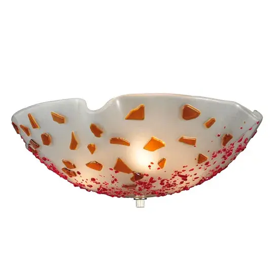 A celebration of beautiful light. The Atelier Festival ceiling fixture features vibrant colored pieces of art glass fused together. The art glass is high-fired to create a unique; organic shape. An elegant Wrinkle-styled shade results from high-fired art glass featuring decorative accents in Cherry and Amber on a White glass background. The ceiling fixture is the perfect centerpiece on the ceiling or wall of nearly any room. It is a true work of art. Traditional workmanship; high-fire kilns; and original tools are used to fuse art glass in the old-world tradition. Ideal for modern homes from Westchester County; New York; to Highland Park; Chicago; Illinois; to Northern California. The Atelier Festival Art Glass Flushmount is featured in our American-made; American-designed; handcrafted Fused Glass Lighting Collection. Each shade is a unique work of art with color variations based on natural ingredients inherent in the glass. Please let us know if color matching is critical when ordering multiple items. - alternate view