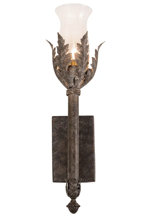 A Clear Hurricane Glass Shade reveals an Ivory faux candlelight embraced by an exquisite bobeche which is adorned with Acanthus Leaf metal accents. The frame, decorative finial and hardware are featured in a stunning Ash finish. The 24-inch long wall sconce is handcrafted in Yorkville, NY. Custom sizes, styles and finishes are available as well as dimmable energy efficient lamping options such as LED. UL and cUL listed for dry and damp locations. Collection: French Elegance Finish: Ash Glass: Clear Hurricane Glass Width: 7.00" Height: 24.00" Length: 8.00" Weight: 4.00 lb Extension from Wall: 8.00" Number of Bulbs: 1 Maximum Wattage: 60.00 W Bulb Type: B10 Bulb Base: E12 Material: Steel Country of Origin: USA Safety Listing: Damp Safety Rating: Damp